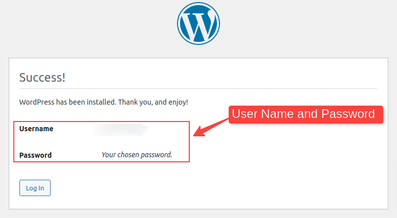 wordpress installed successfully.