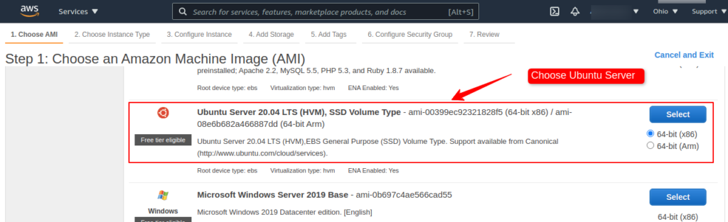 Choose AMI for EC2 Instance Create