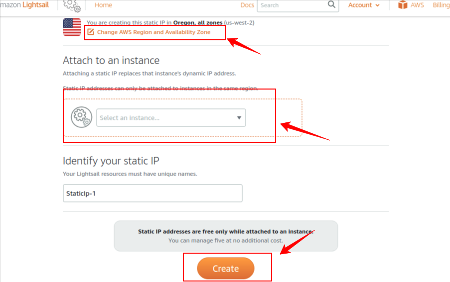 AWS region change for static IP allocation.