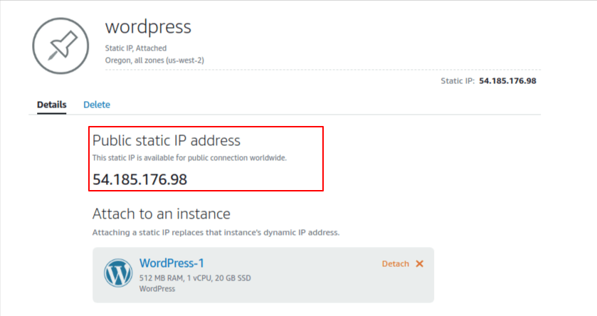 Static IP allocated on aws lightsail