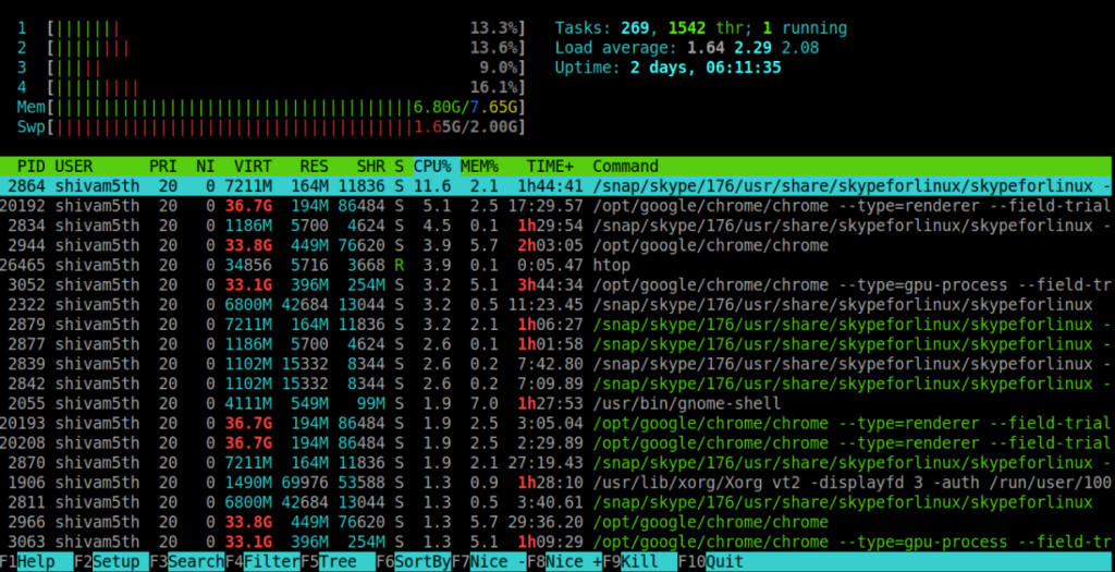 htop command output