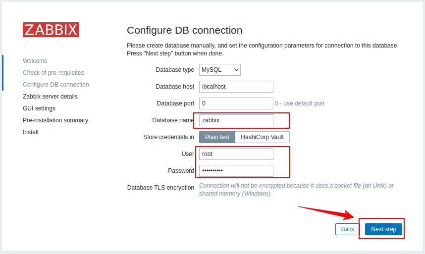 Zabbix Database configuration