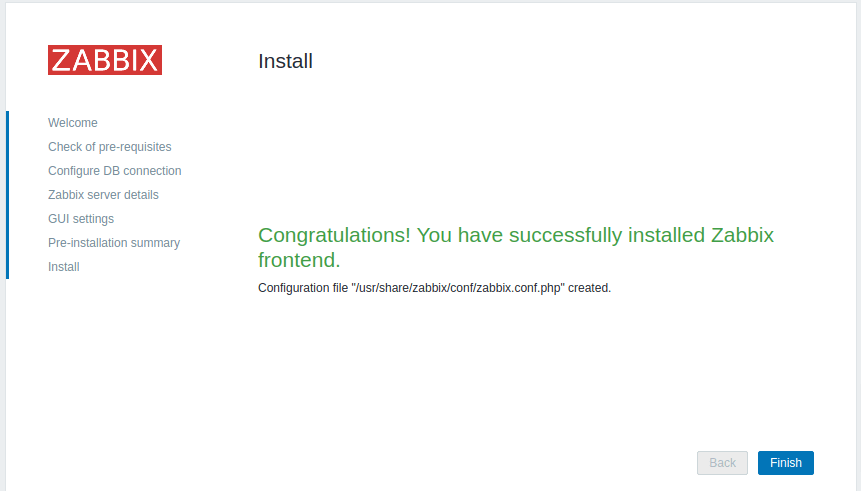 Installation success of Zabbix server