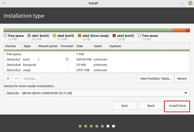 Linux mint installation disk type selection